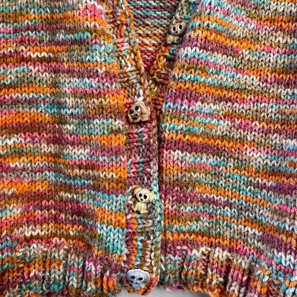 HAND KNIT Oversized Multicolor Cardigan Girls 8 Dog Buttons Handmade Sweater - Picture 3 of 9